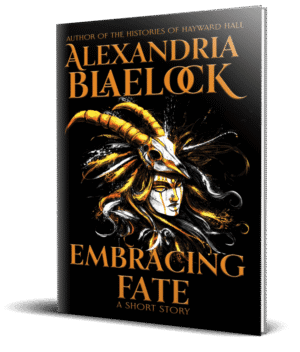 The cover of Embracing Fate by Alexandria Blaelock shows a woman wearing a headdress made with a skull and feathers