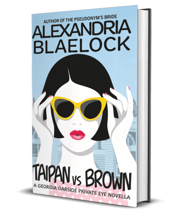 The cover of Taipan vs Brown by Alexandria Blaelock shows a woman holding her sunglasses to her face.