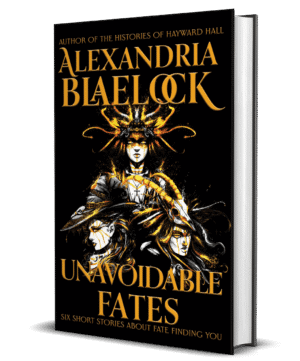 The cover of unavoidable fates by Alexandria Blaelock shows three fiery women with headresses.