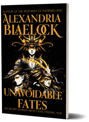 The cover of unavoidable fates by Alexandria Blaelock shows three fiery women with headresses.