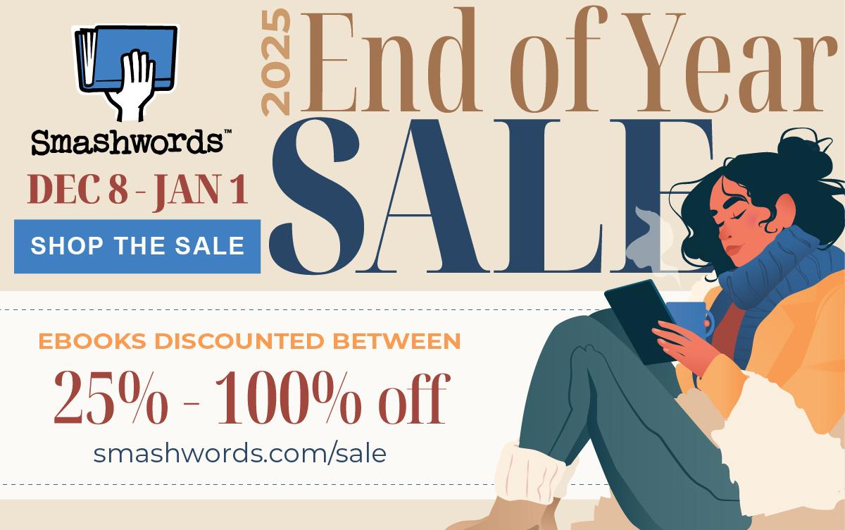 Image of a woman reading a book advertising the Smashwords 2025 End of Year Sale
